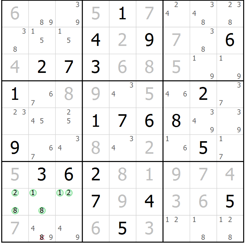 Position des candidats pour la solution de la Gr 13 page 16 du magazine de sudoku Maestro n° 085