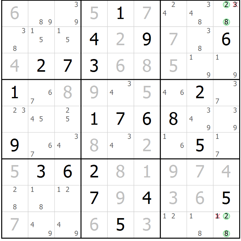Position des candidats pour la solution de la Gr 13 page 16 du magazine de sudoku Maestro n° 085
