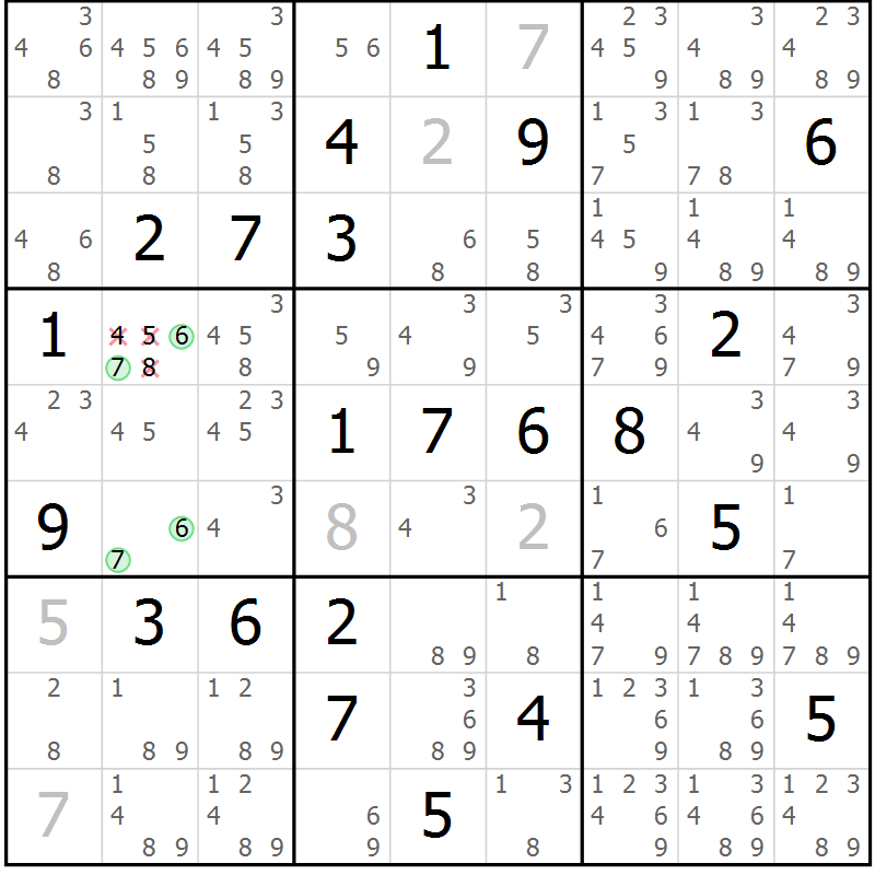 Position des candidats pour la solution de la Gr 13 page 16 du magazine de sudoku Maestro n° 085