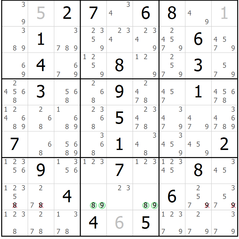 Position des candidats pour la solution de la Gr 14 page 17 du magazine de sudoku Maestro n° 085