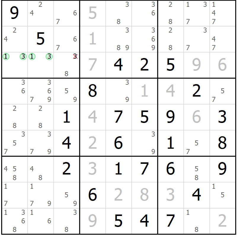 Position des candidats pour la solution de la Gr 15 page 18 du magazine de sudoku Maestro n° 085