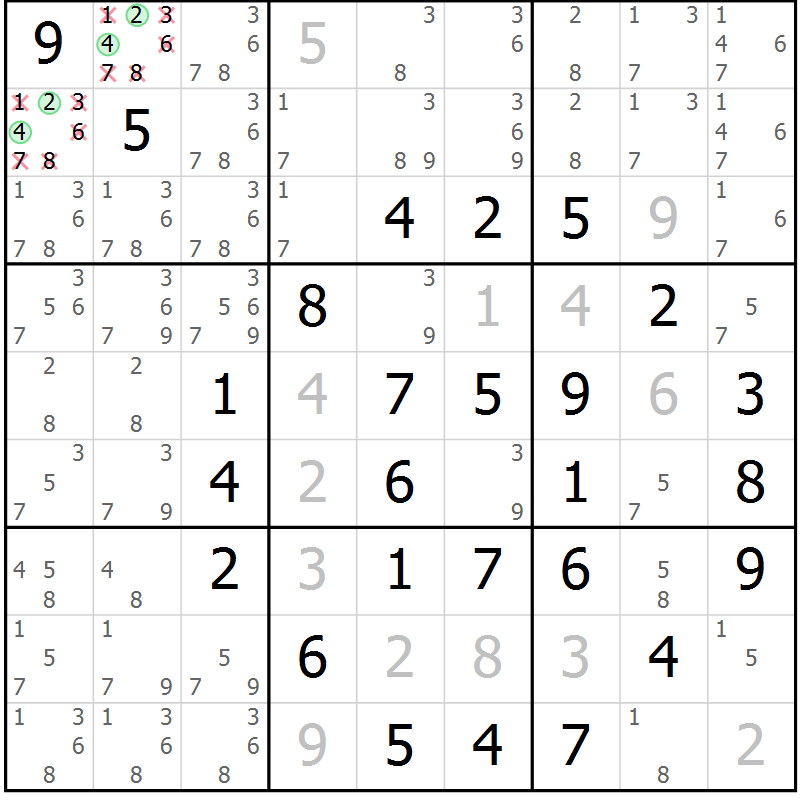 Position des candidats pour la solution de la Gr 15 page 18 du magazine de sudoku Maestro n° 085