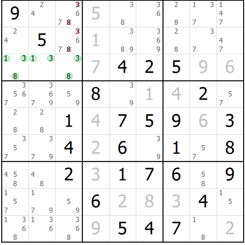 Position des candidats pour la solution de la Gr 15 page 18 du magazine de sudoku Maestro n° 085