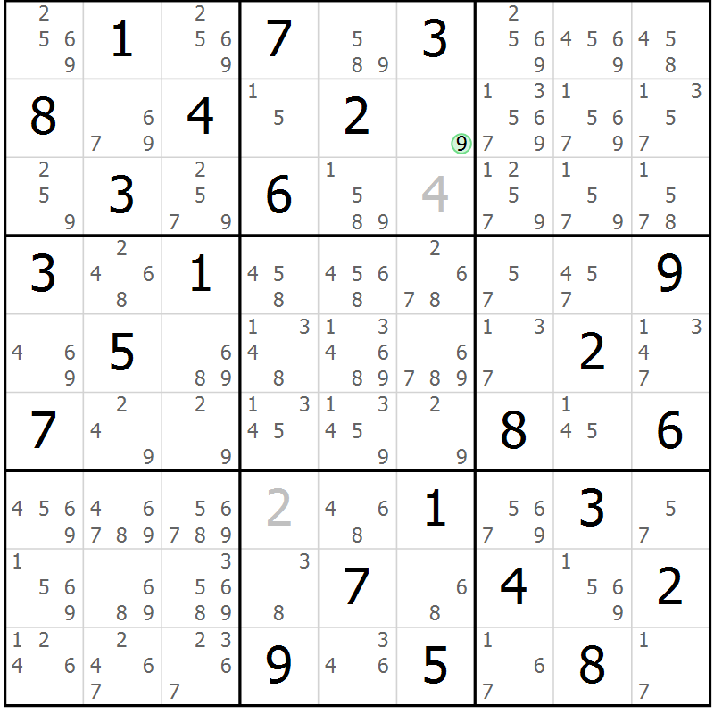 Position des candidats pour la solution de la Gr 16 page 19 du magazine de sudoku Maestro n° 085