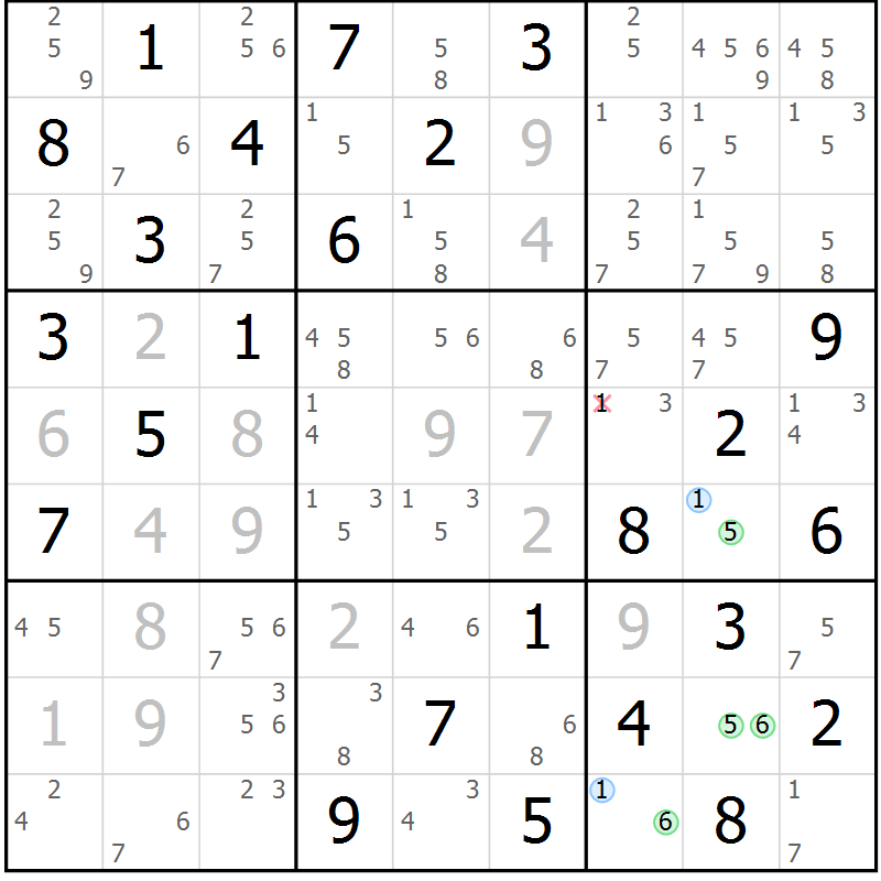 Position des candidats pour la solution de la Gr 16 page 19 du magazine de sudoku Maestro n° 085