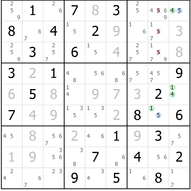 Position des candidats pour la solution de la Gr 16 page 19 du magazine de sudoku Maestro n° 085