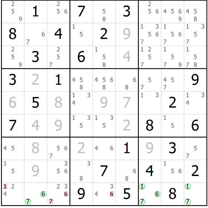 Position des candidats pour la solution de la Gr 16 page 19 du magazine de sudoku Maestro n° 085