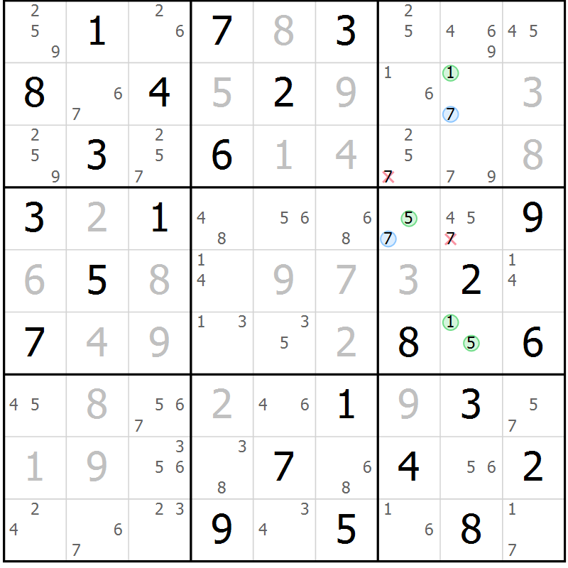 Position des candidats pour la solution de la Gr 16 page 19 du magazine de sudoku Maestro n° 085