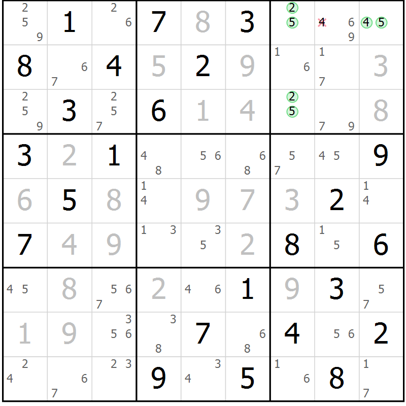 Position des candidats pour la solution de la Gr 16 page 19 du magazine de sudoku Maestro n° 085