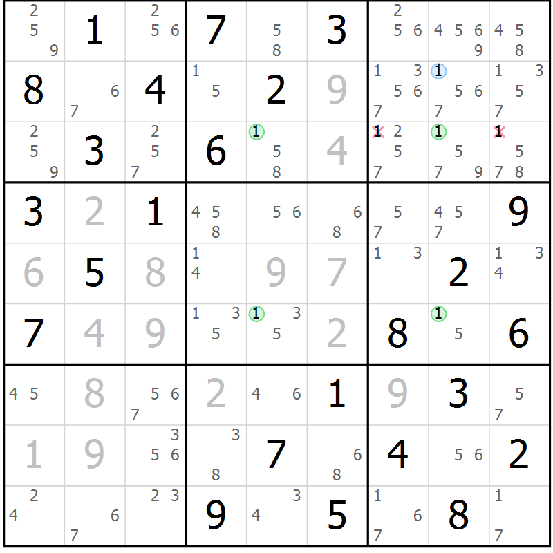 Position des candidats pour la solution de la Gr 16 page 19 du magazine de sudoku Maestro n° 085