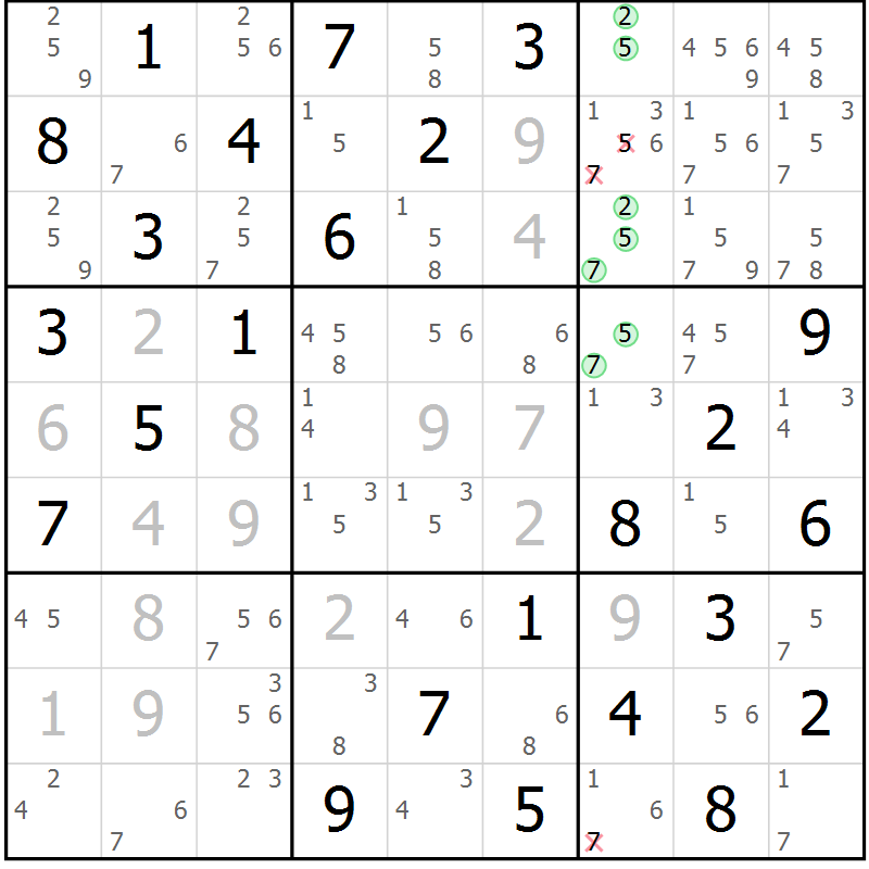 Position des candidats pour la solution de la Gr 16 page 19 du magazine de sudoku Maestro n° 085