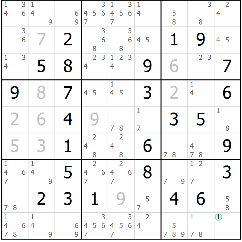 Position des candidats pour la solution de la Gr 17 page 20 du magazine de sudoku Maestro n° 085