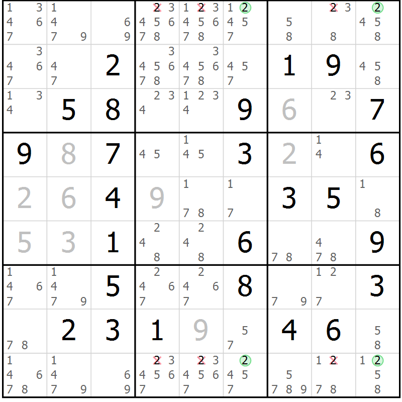 Position des candidats pour la solution de la Gr 17 page 20 du magazine de sudoku Maestro n° 085