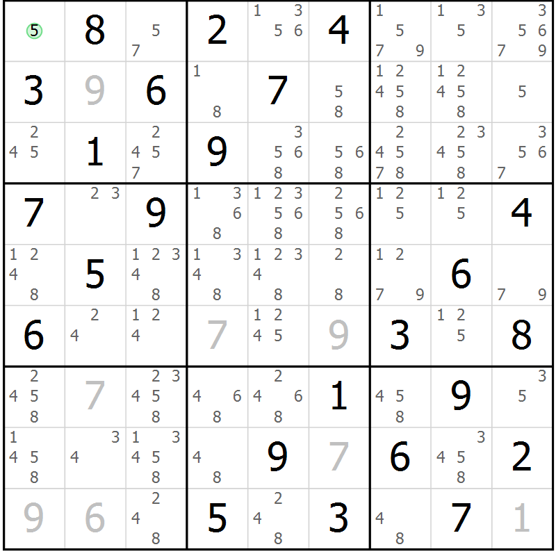 Position des candidats pour la solution de la Gr 18 page 21 du magazine de sudoku Maestro n° 085