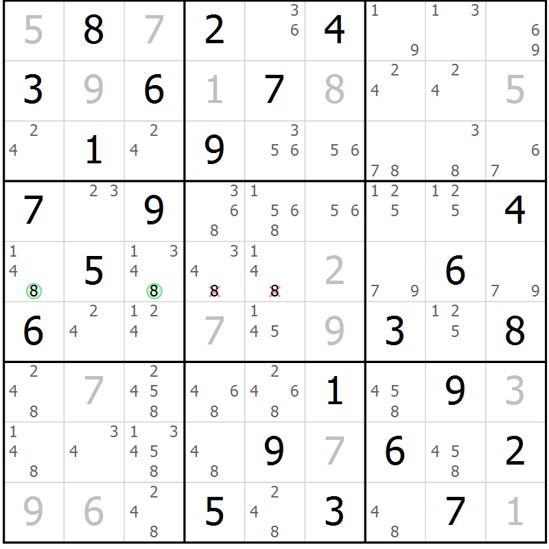 Position des candidats pour la solution de la Gr 18 page 21 du magazine de sudoku Maestro n° 085
