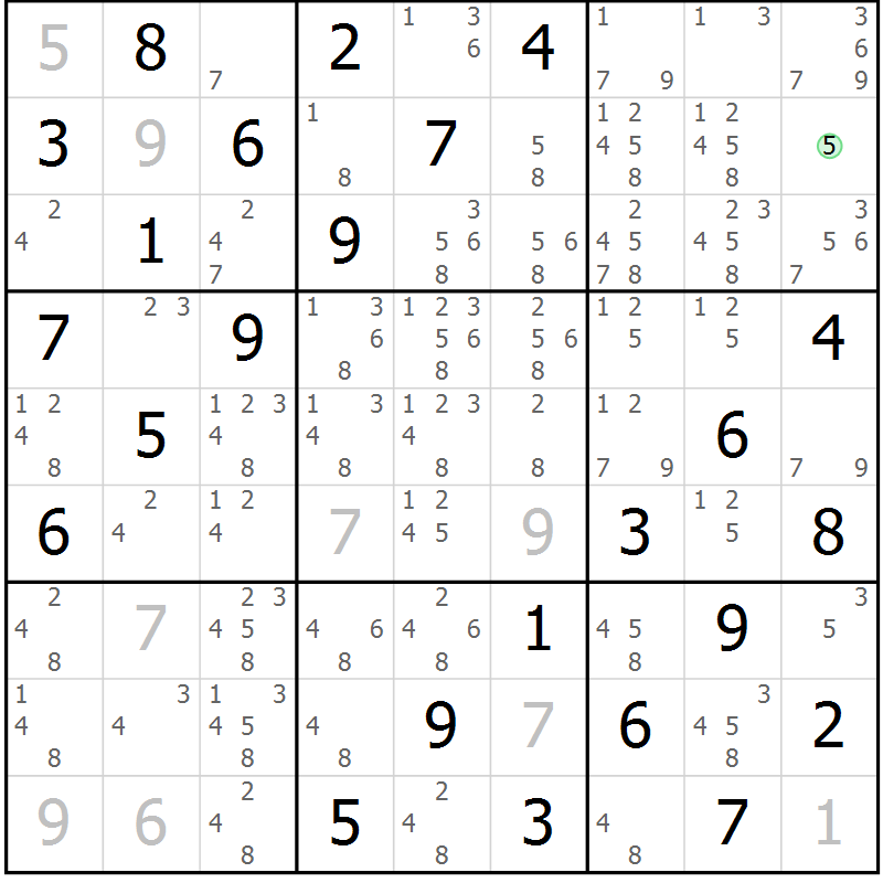 Position des candidats pour la solution de la Gr 18 page 21 du magazine de sudoku Maestro n° 085