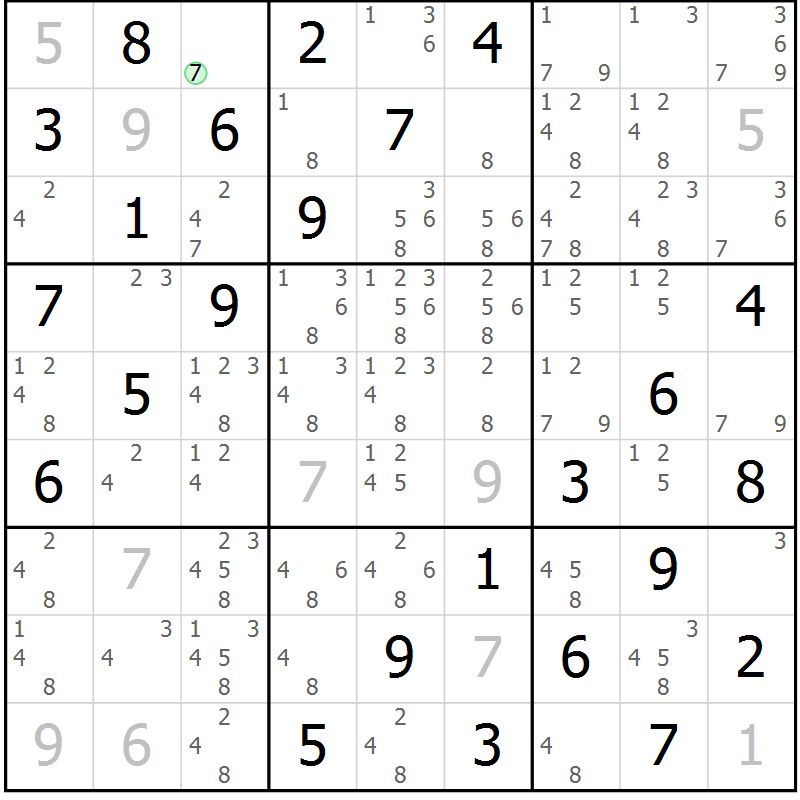Position des candidats pour la solution de la Gr 18 page 21 du magazine de sudoku Maestro n° 085