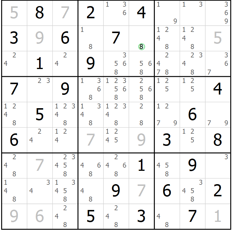 Position des candidats pour la solution de la Gr 18 page 21 du magazine de sudoku Maestro n° 085