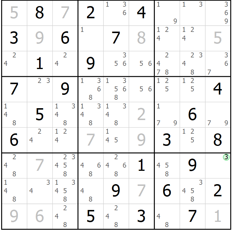 Position des candidats pour la solution de la Gr 18 page 21 du magazine de sudoku Maestro n° 085