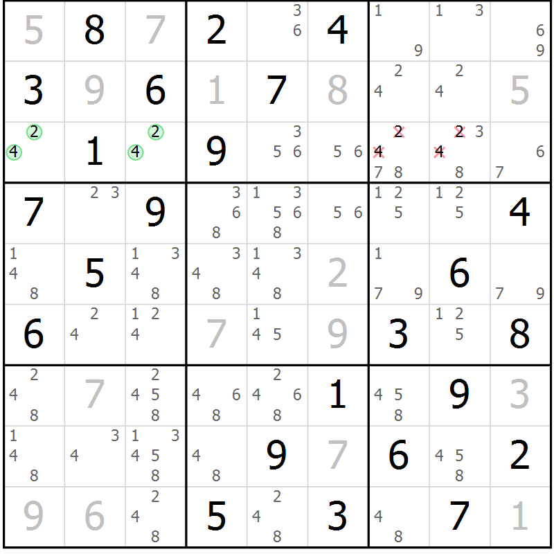 Position des candidats pour la solution de la Gr 18 page 21 du magazine de sudoku Maestro n° 085