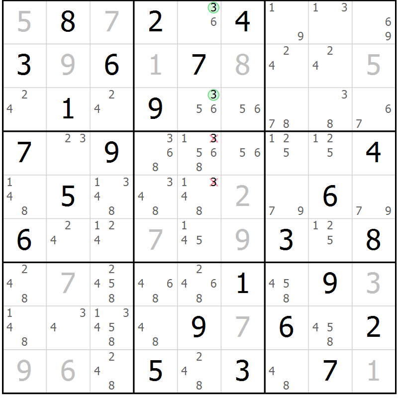 Position des candidats pour la solution de la Gr 18 page 21 du magazine de sudoku Maestro n° 085
