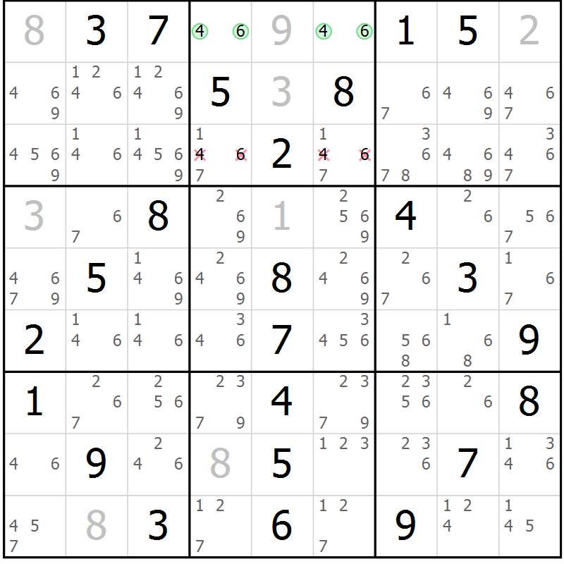 Position des candidats pour la solution de la Gr 19 page 22 du magazine de sudoku Maestro n° 085