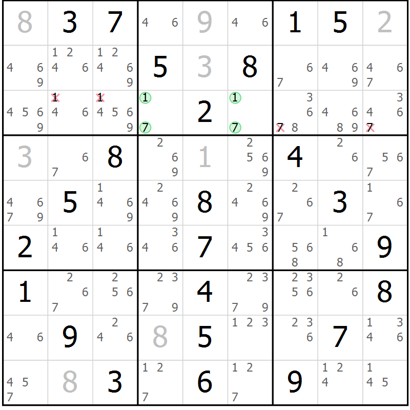 Position des candidats pour la solution de la Gr 19 page 22 du magazine de sudoku Maestro n° 085