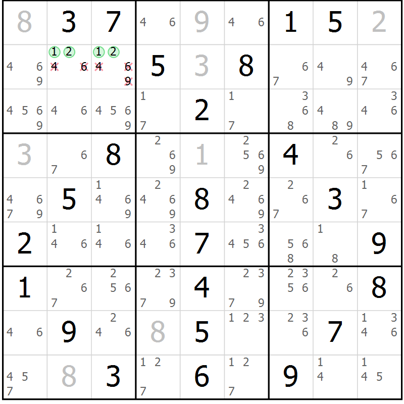 Position des candidats pour la solution de la Gr 19 page 22 du magazine de sudoku Maestro n° 085