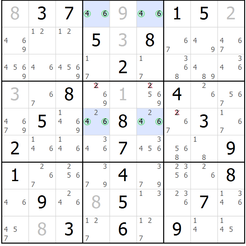 Position des candidats pour la solution de la Gr 19 page 22 du magazine de sudoku Maestro n° 085