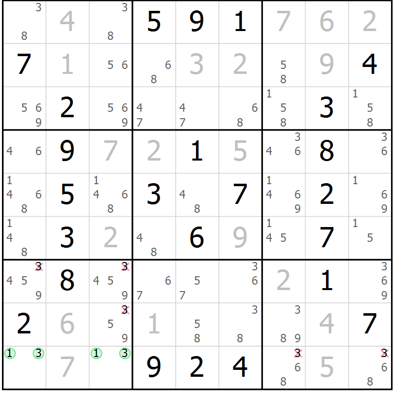 Position des candidats pour la solution de la Gr 2 page 5 du magazine de sudoku Maestro n° 085