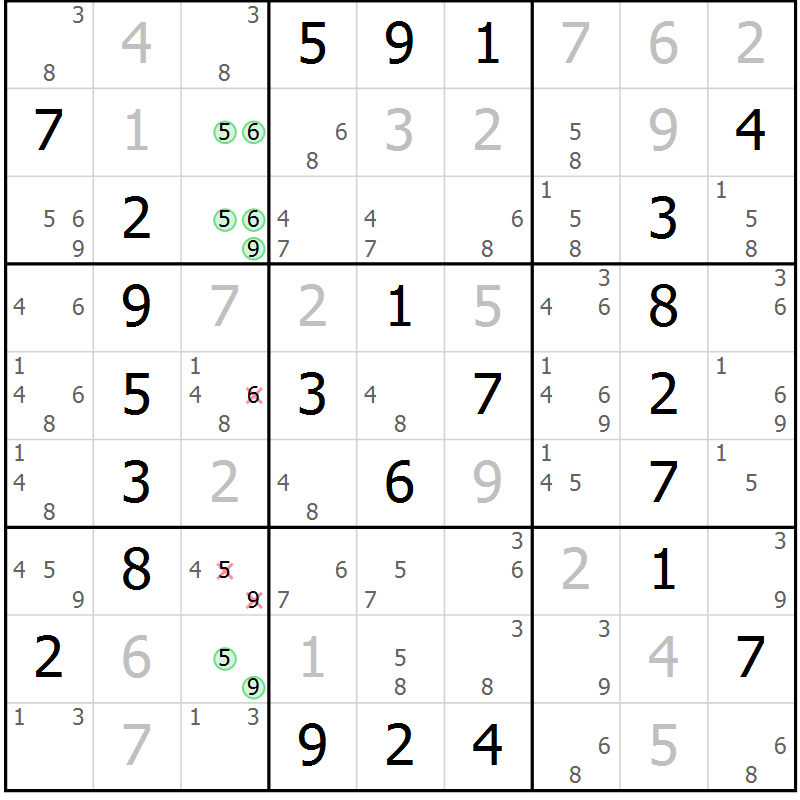 Position des candidats pour la solution de la Gr 2 page 5 du magazine de sudoku Maestro n° 085