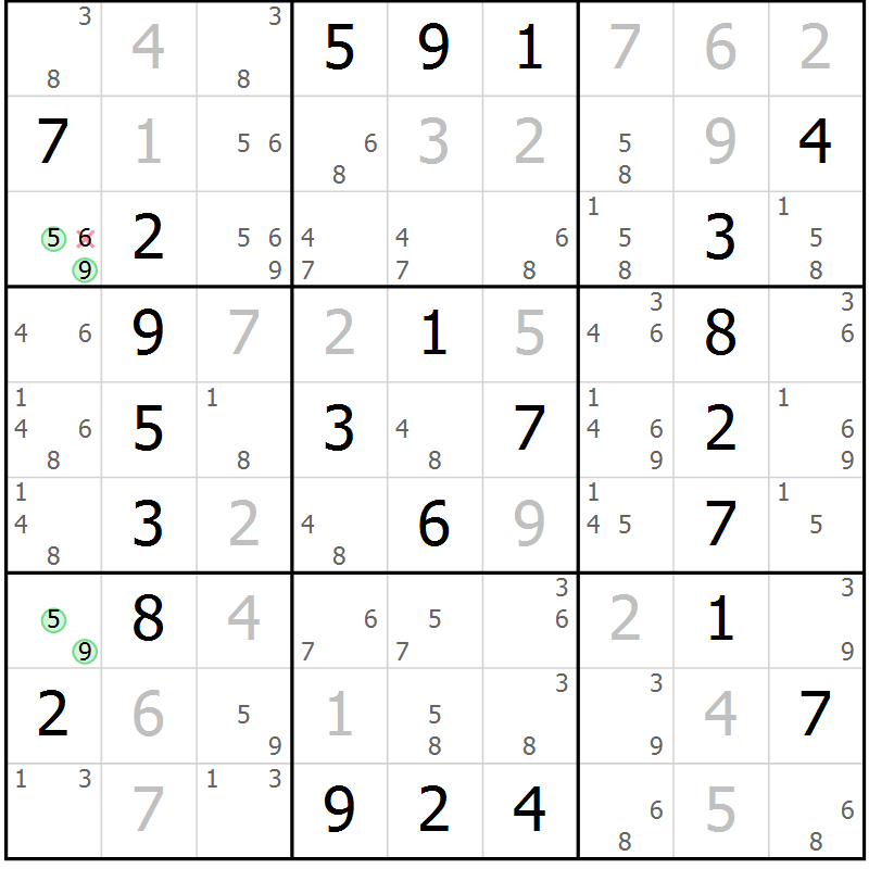 Position des candidats pour la solution de la Gr 2 page 5 du magazine de sudoku Maestro n° 085