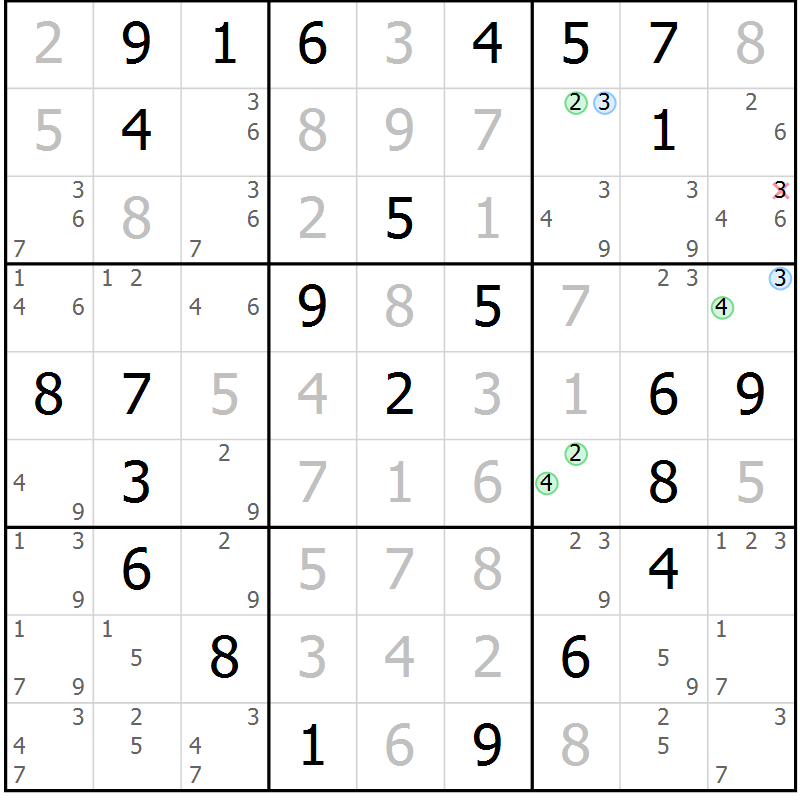 Position des candidats pour la solution de la Gr 20 page 23 du magazine de sudoku Maestro n° 085