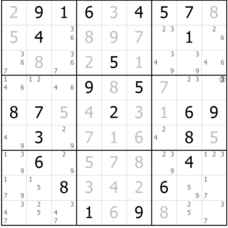 Position des candidats pour la solution de la Gr 20 page 23 du magazine de sudoku Maestro n° 085
