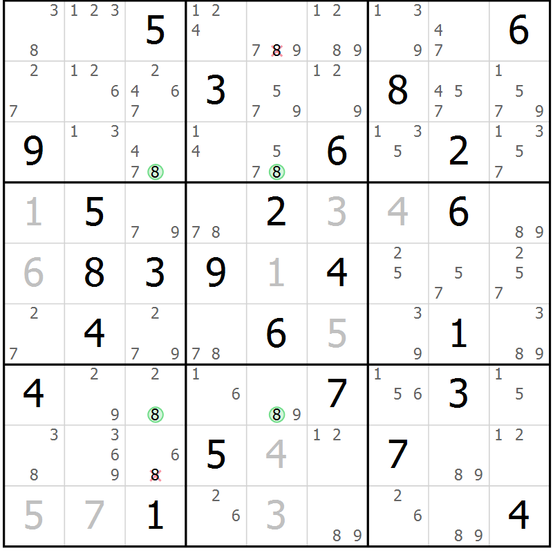 Position des candidats pour la solution de la Gr 23 page 26 du magazine de sudoku Maestro n° 085