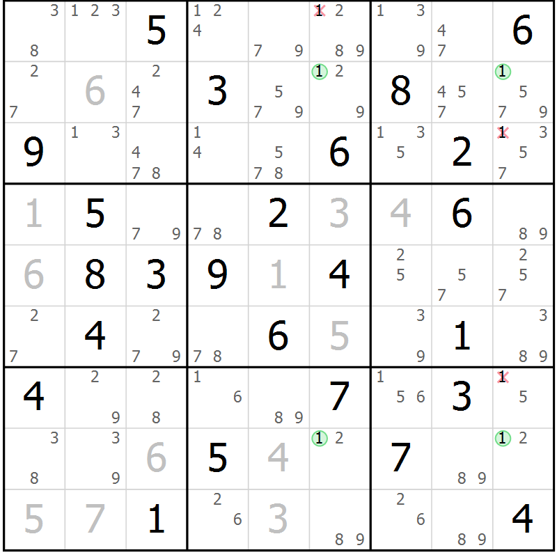 Position des candidats pour la solution de la Gr 23 page 26 du magazine de sudoku Maestro n° 085
