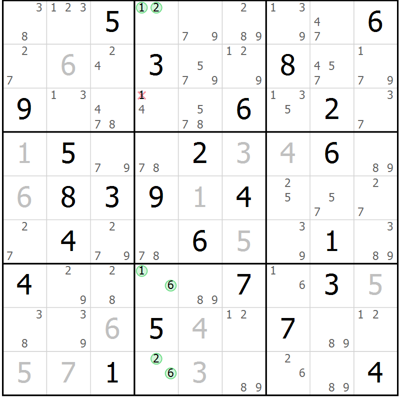 Position des candidats pour la solution de la Gr 23 page 26 du magazine de sudoku Maestro n° 085