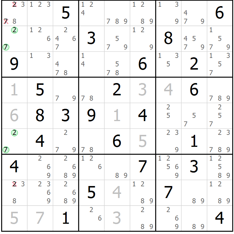 Position des candidats pour la solution de la Gr 23 page 26 du magazine de sudoku Maestro n° 085