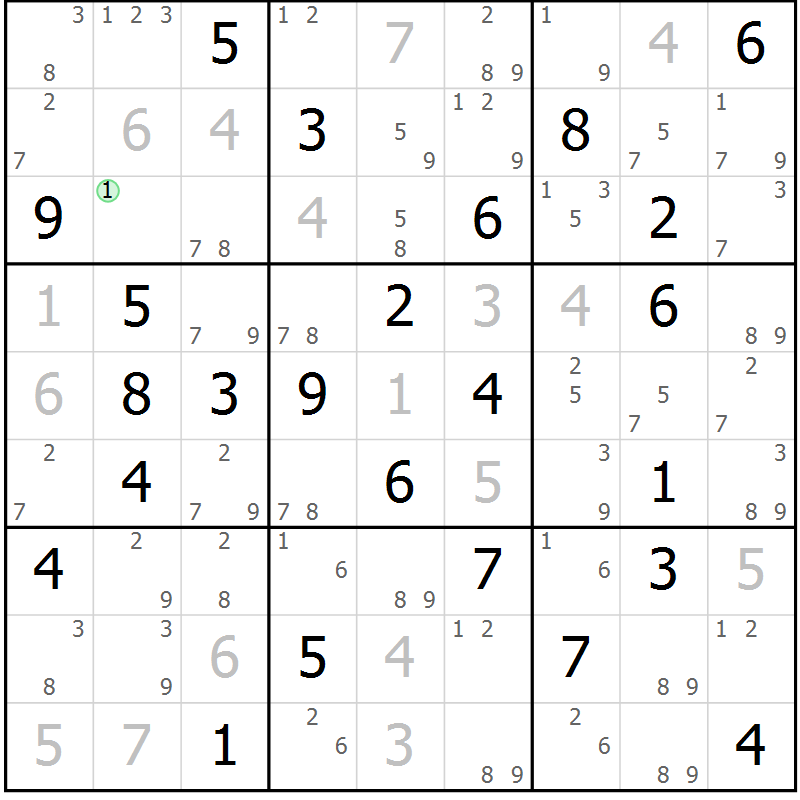 Position des candidats pour la solution de la Gr 23 page 26 du magazine de sudoku Maestro n° 085