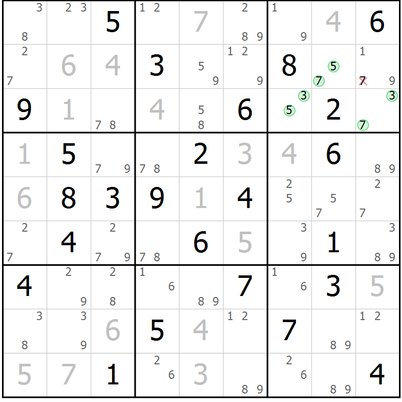 Position des candidats pour la solution de la Gr 23 page 26 du magazine de sudoku Maestro n° 085