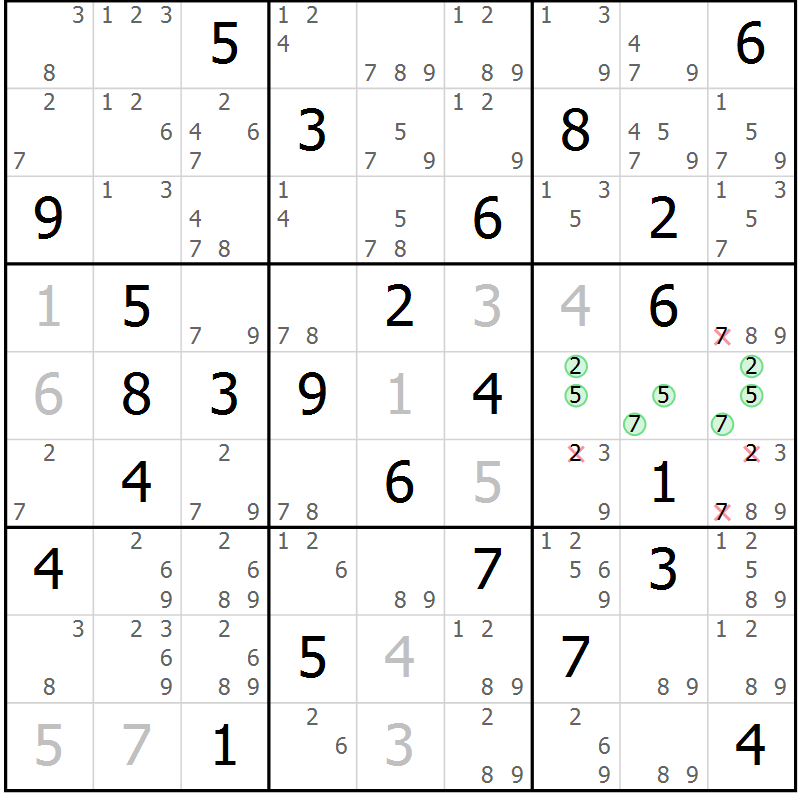Position des candidats pour la solution de la Gr 23 page 26 du magazine de sudoku Maestro n° 085