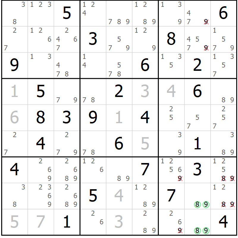 Position des candidats pour la solution de la Gr 23 page 26 du magazine de sudoku Maestro n° 085