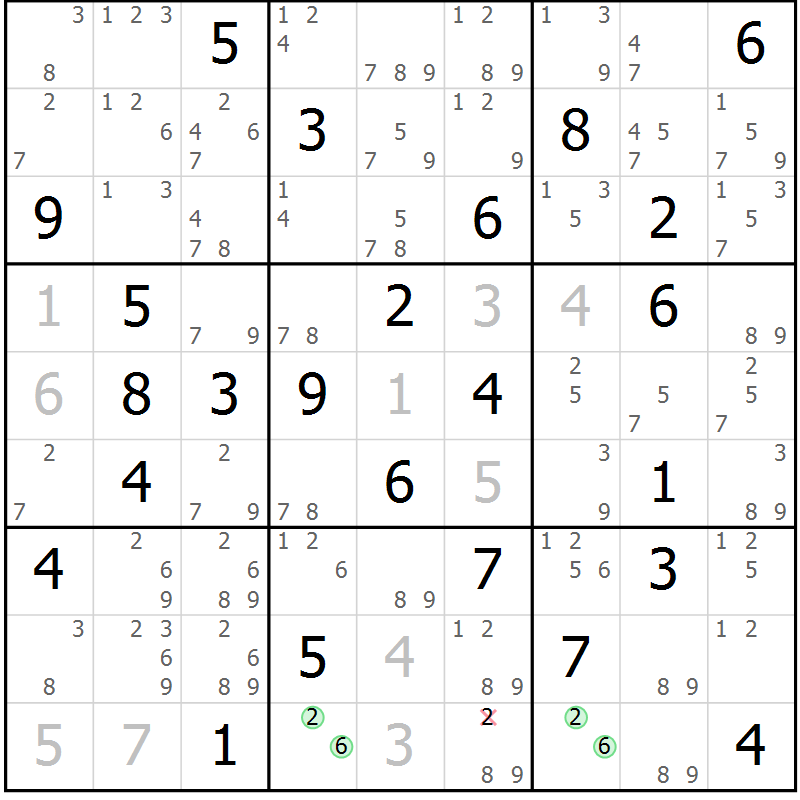 Position des candidats pour la solution de la Gr 23 page 26 du magazine de sudoku Maestro n° 085