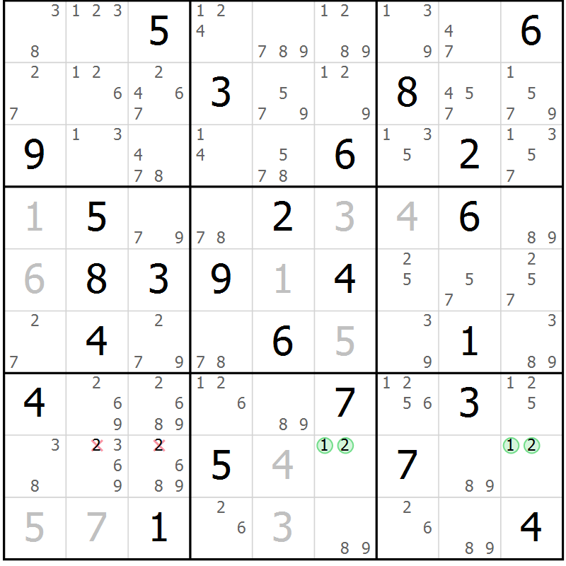 Position des candidats pour la solution de la Gr 23 page 26 du magazine de sudoku Maestro n° 085
