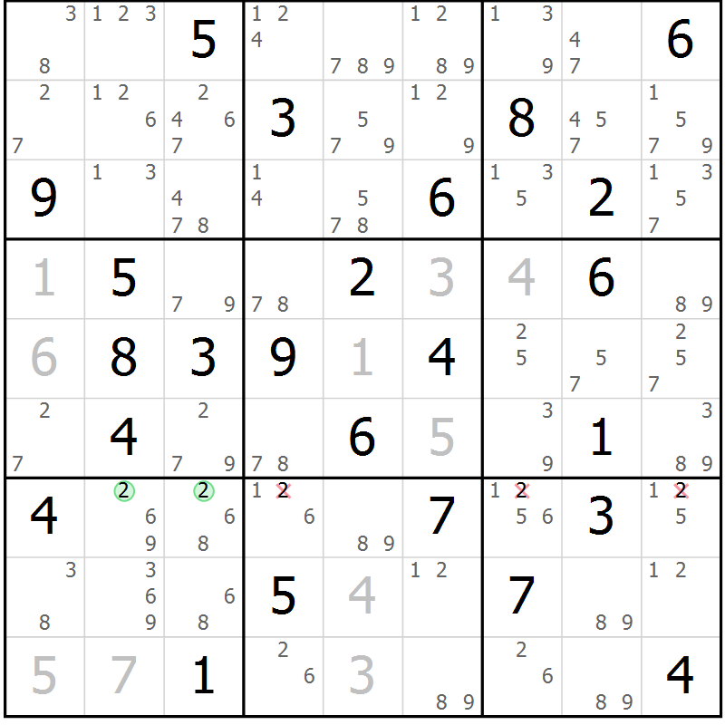 Position des candidats pour la solution de la Gr 23 page 26 du magazine de sudoku Maestro n° 085