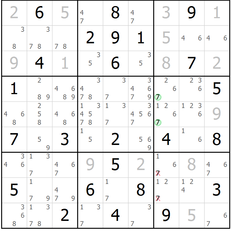 Position des candidats pour la solution de la Gr 24 page 27 du magazine de sudoku Maestro n° 085
