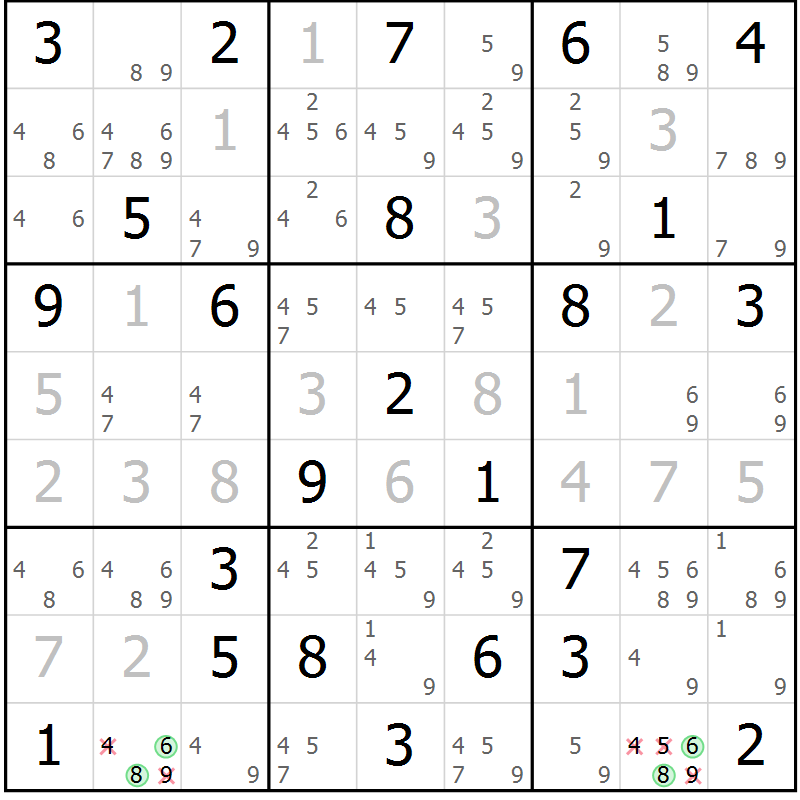 Position des candidats pour la solution de la Gr 25 page 28 du magazine de sudoku Maestro n° 085