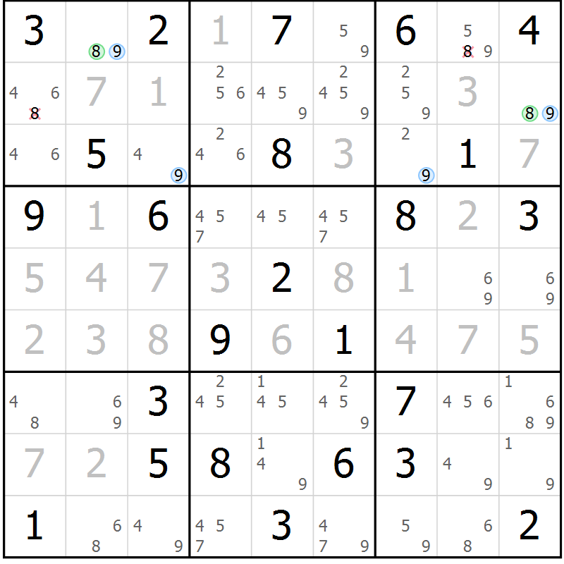 Position des candidats pour la solution de la Gr 25 page 28 du magazine de sudoku Maestro n° 085