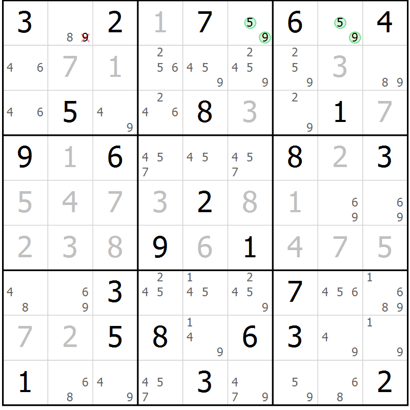 Position des candidats pour la solution de la Gr 25 page 28 du magazine de sudoku Maestro n° 085