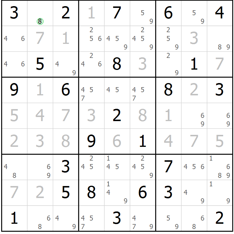 Position des candidats pour la solution de la Gr 25 page 28 du magazine de sudoku Maestro n° 085